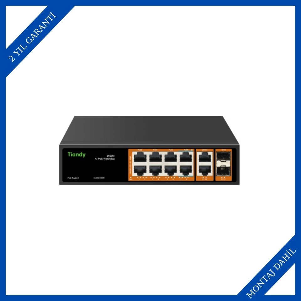 Tiandy PS-1008G-2G2SFP 8 Port Yönetilmeyen AI POE Switch
